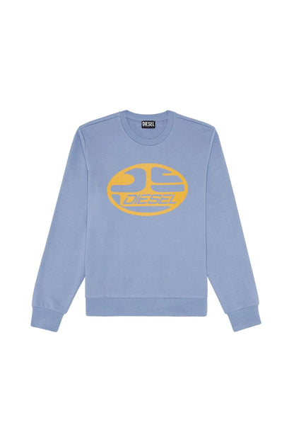 Diesel indigo blue crewneck sweatshirt, large yellow front logo graphic