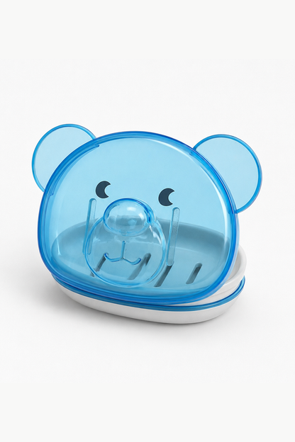 Blue baby feeding bowl set with clear bear lid and utensil holders