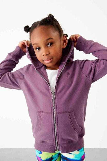 Purple zip-up hoodie with hood and silver zipper, front pockets