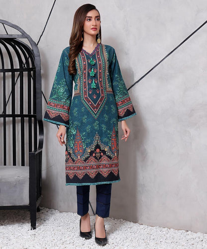 Teal embroidered tunic dress with long sleeves and V neckline, multicolor border