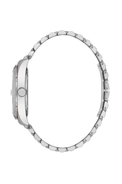 BHPC silver metal wristwatch side view, round case with bracelet links