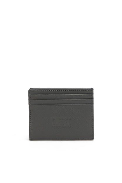 Grey leather card holder with embossed Diesel logo and slim three-slot design