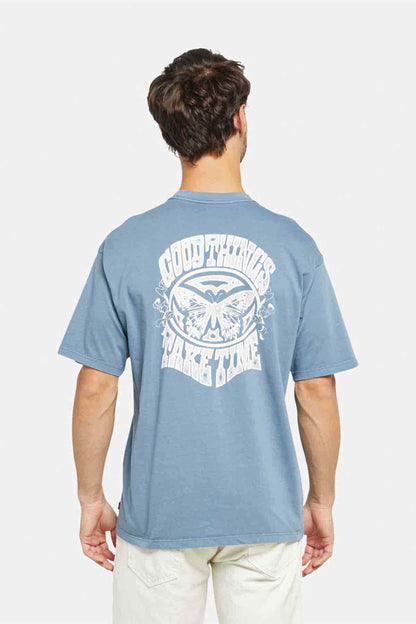 Light blue crew-neck T-shirt with back large circular graphic
