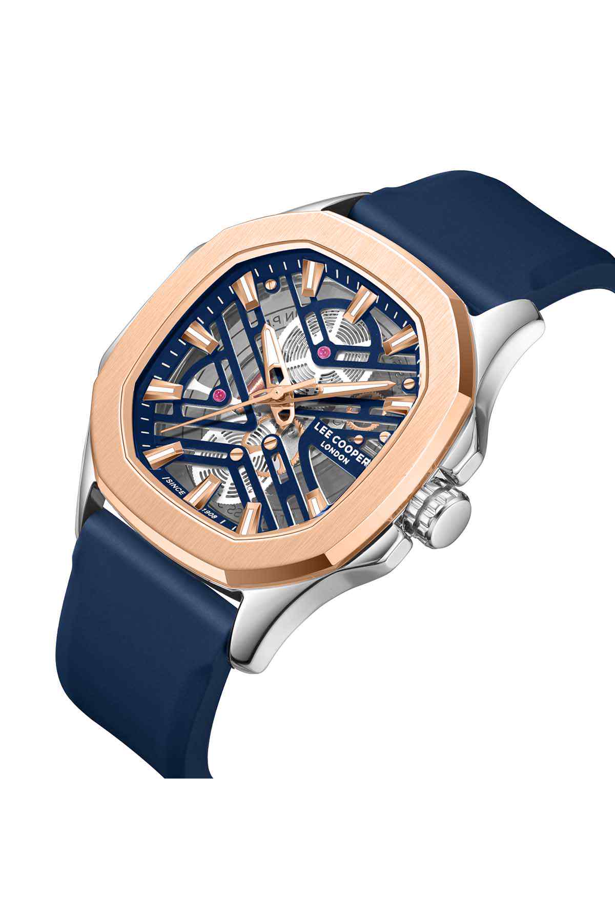 Lee Cooper men's analog wristwatch, angled view, rose-gold bezel and blue dial with dark strap