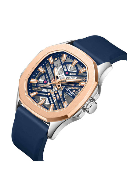 Lee Cooper men's analog wristwatch, angled view, rose-gold bezel and blue dial with dark strap