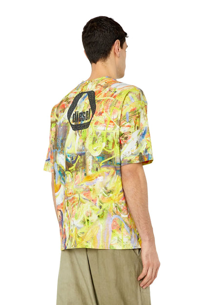 Diesel men’s crew-neck graphic T-shirt, back view of multicolor print