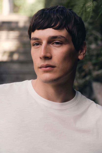NEXT men's white crewneck T-shirt close-up, crew neck and short sleeves