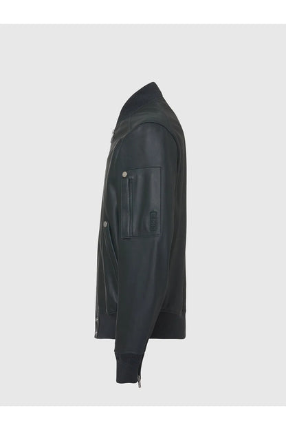 Dark green leather bomber jacket, side profile with snap pockets and ribbed hem