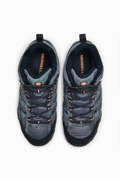 Dark hiking shoe pair with Merrell logo on tongue and orange lace accents