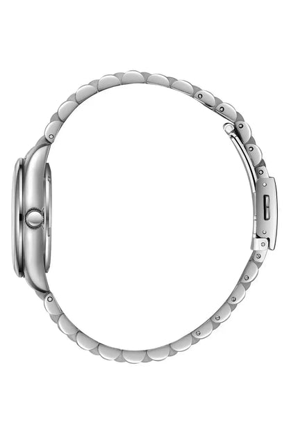 Silver and gold analog wristwatch side view, metal link bracelet and round case