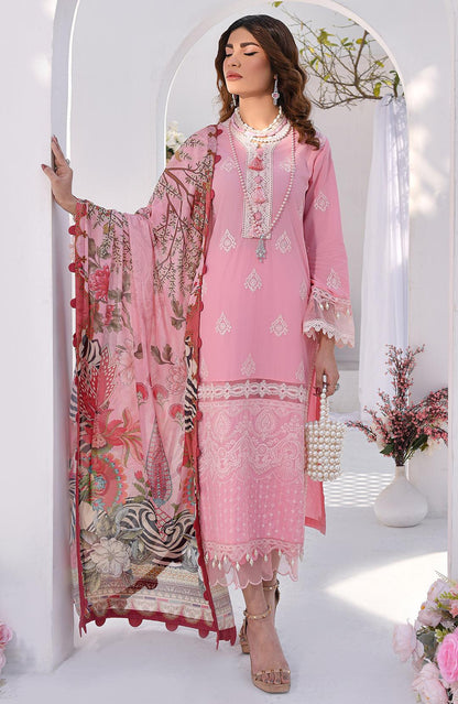 Rose pink embroidered kurta dress with lace trim and floral dupatta, full-length view