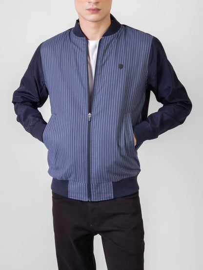 Men's blue striped bomber jacket with stand collar, front zipper, and side pockets