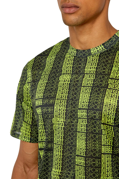 Neon green graphic T-shirt with allover text pattern, crew neck