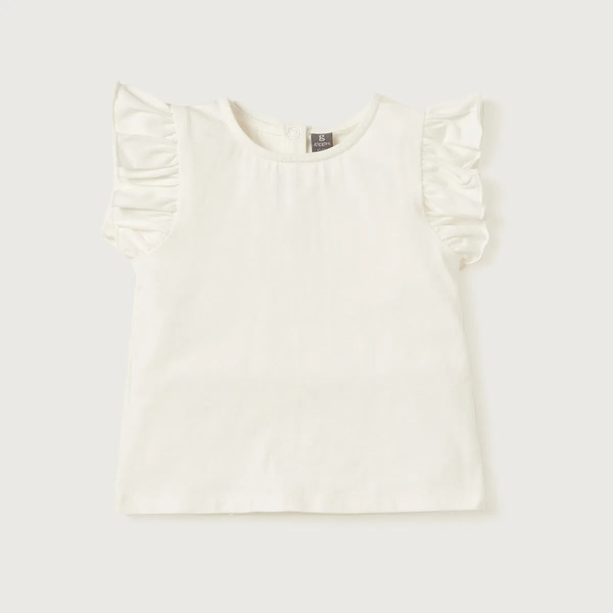 White baby top with ruffled short sleeves and round neckline