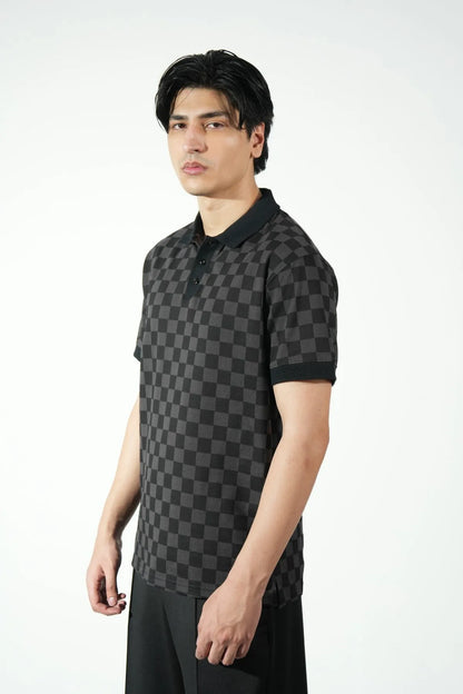 Black checker-pattern polo shirt with collar and button placket
