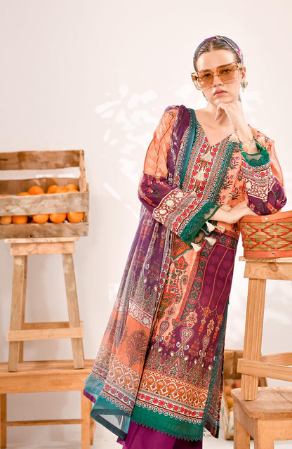 Multicolor printed kurta with sheer sleeves and matching dark purple pants