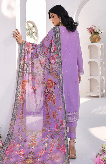 Light purple embroidered kurta set with long floral dupatta, back view.