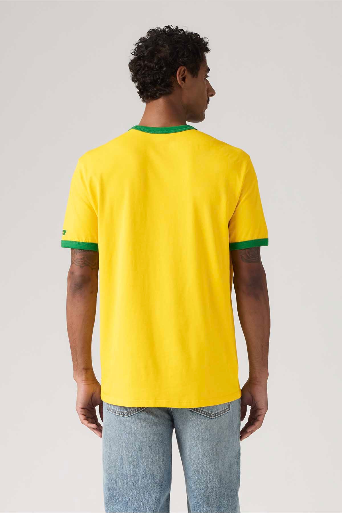 Yellow T-shirt with green-trim collar, back view, short sleeves