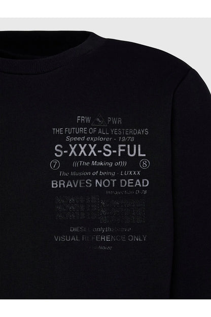 Black crewneck sweatshirt close-up of gray slogan and text graphic
