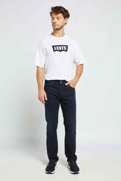 Men's black denim jeans with straight fit, front view