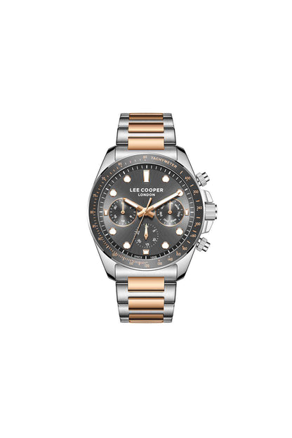 Two-tone silver and rose-gold wristwatch with dark dial, chronograph subdials
