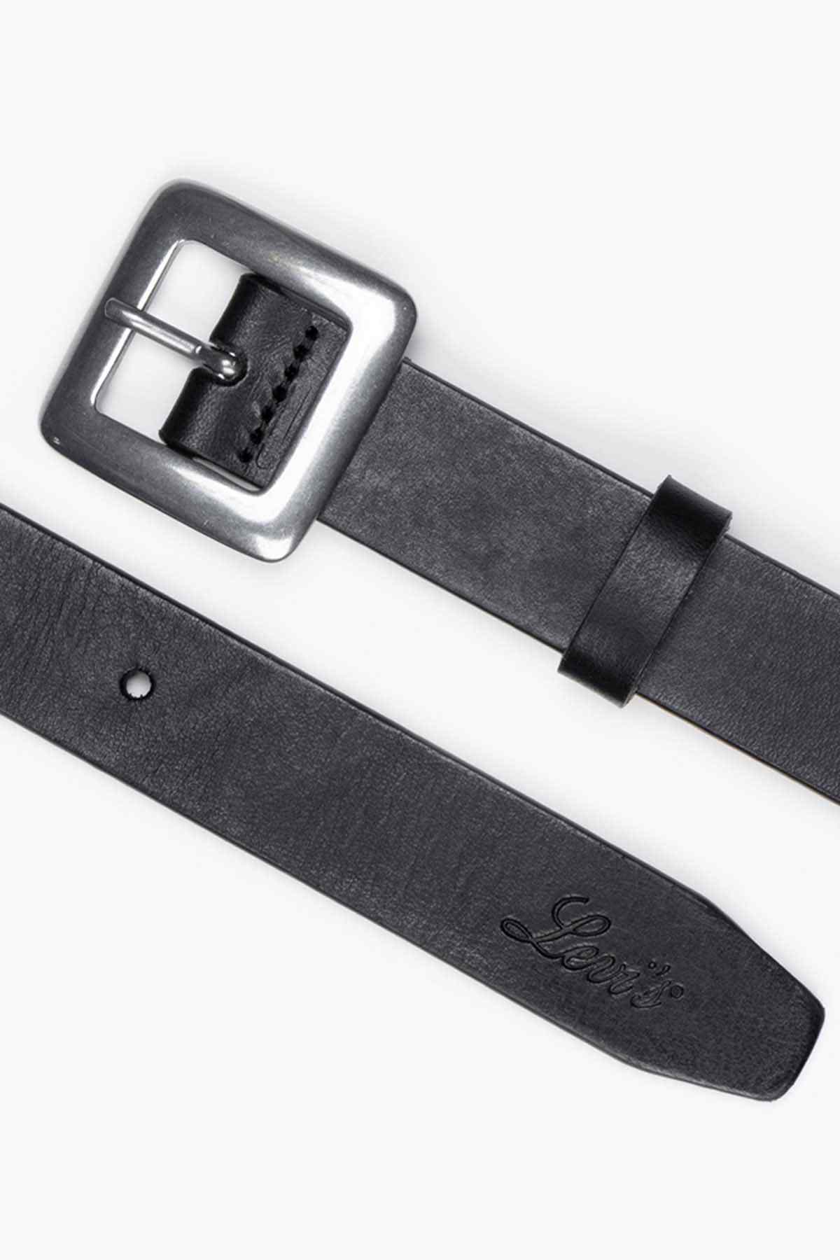 Levi's black belt close-up with square buckle and stitched logo