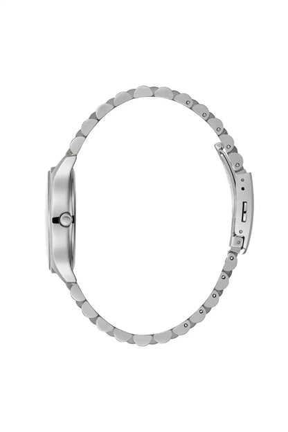 Silver-tone round watch caseback with link bracelet, visible crown and clasp