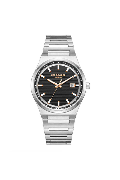 Lee Cooper silver metal wrist watch, black dial with date window and gold-tone hands