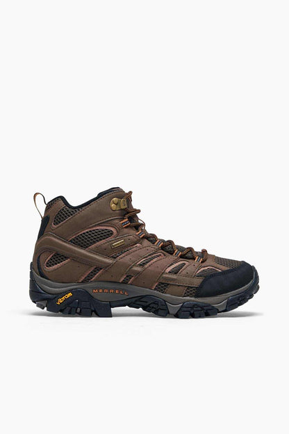 Merrell trail hiking boot in dark brown and navy, padded collar, lace-up front.