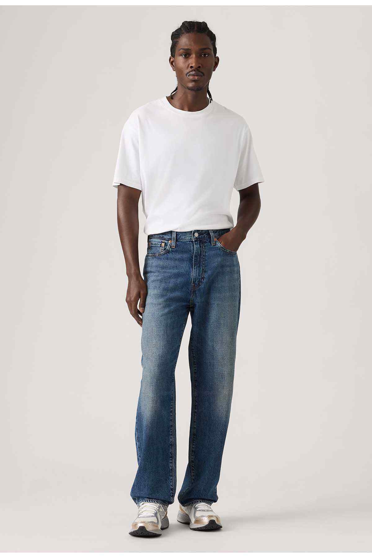 Dark wash denim jeans with straight legs, mid-rise, and belt loops