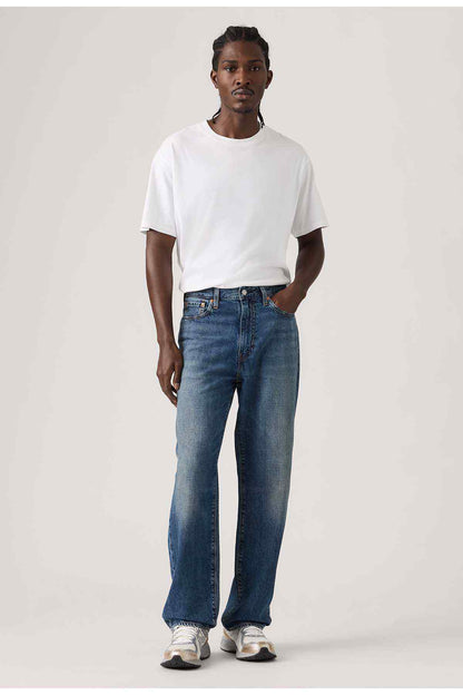 Dark wash denim jeans with straight legs, mid-rise, and belt loops
