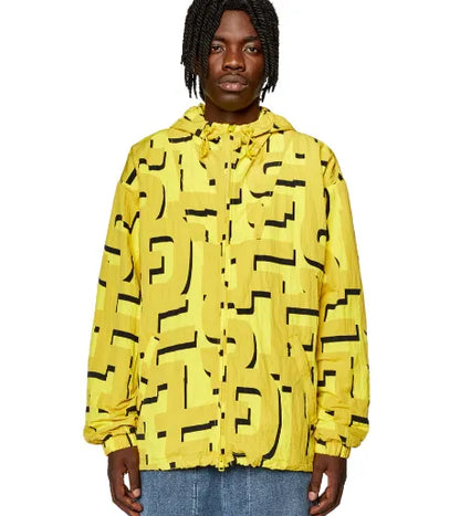 Yellow zip-up hoodie with black abstract pattern and hood, ribbed cuffs