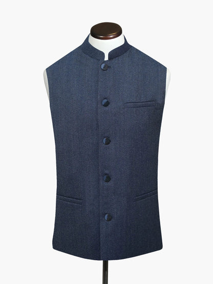 Men's blue wool-blend button-front suit vest with chest pocket