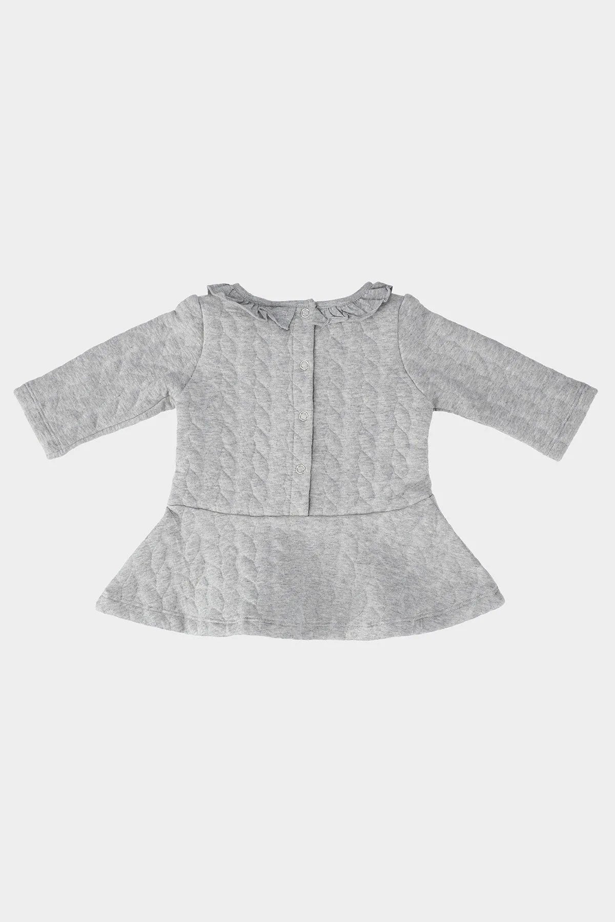 Grey baby dress with long sleeves, round neck, and front button detail