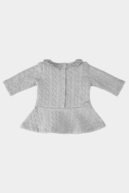 Grey baby dress with long sleeves, round neck, and front button detail