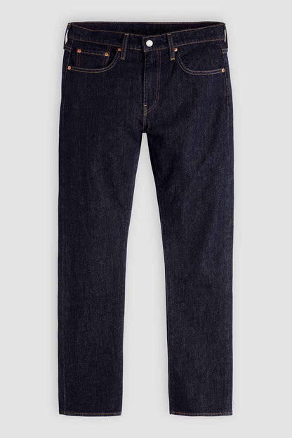 Levi's dark denim jeans with button fly, five-pocket design, straight leg