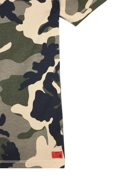 Camo T-shirt with short sleeves; visible hem label near bottom edge