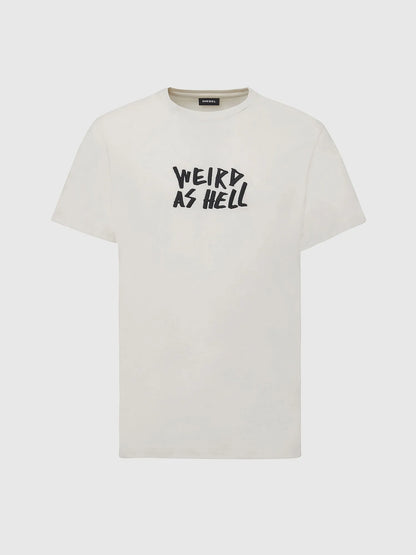 Off-white T-shirt with black 'WEIRK AS HELL' front graphic