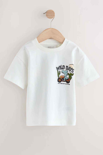 White kids T-shirt with Wild Days dinosaur riding a motorcycle graphic