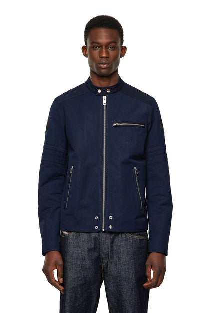 Men's dark blue zip-up bomber jacket with stand collar and front zipper pockets
