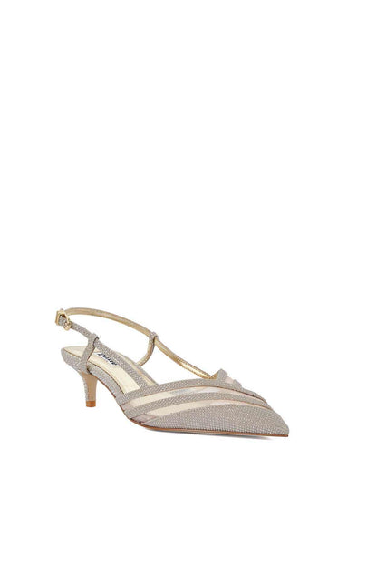 Gold low-heeled sandal with thin crisscross straps and pointed toe
