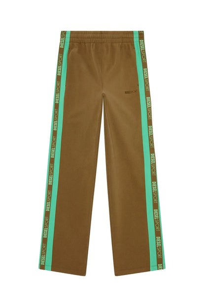 Olive track pants with green side logo tape and straight-leg fit