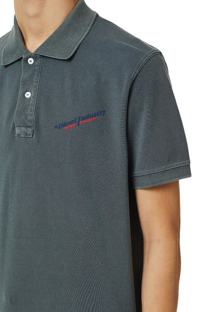 Blue-gray polo shirt with embroidered chest logo and buttoned collar