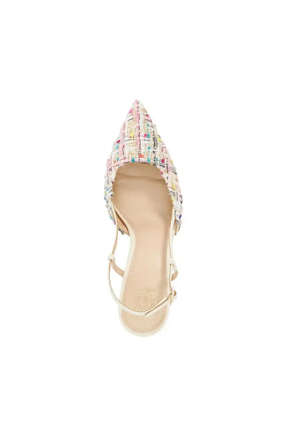 Multi-color fabric open-toe slingback heel with pointed toe and ankle strap