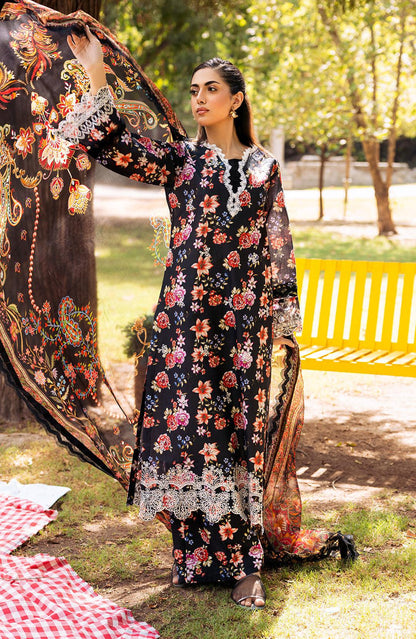 Fiona black floral maxi dress with lace-trim neckline and hem; sheer patterned dupatta.