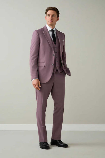 Men's lilac purple three-piece suit front view with waistcoat and blazer