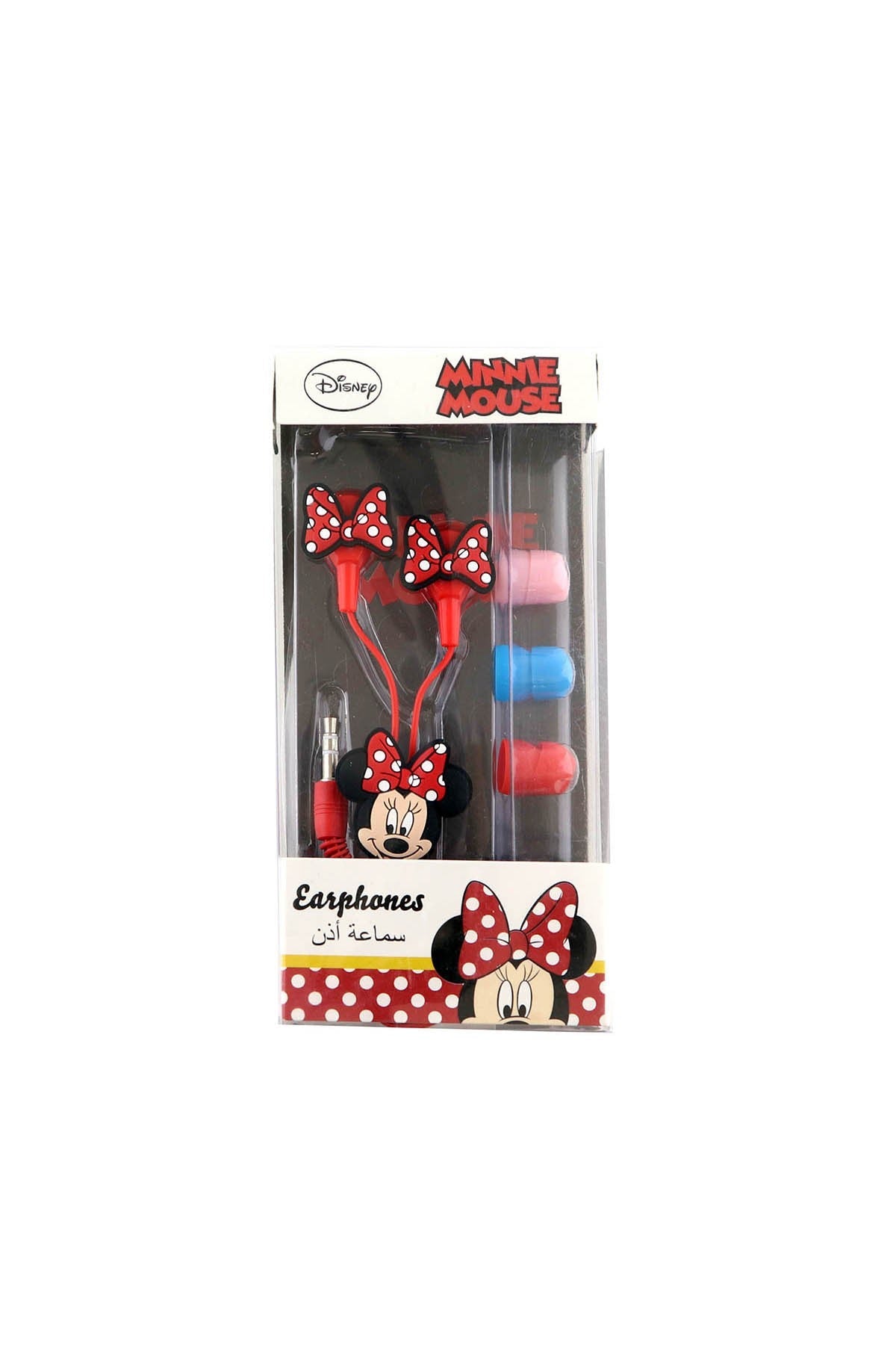 Disney Minnie Mouse boxed earphones with black earbud tips and red bows