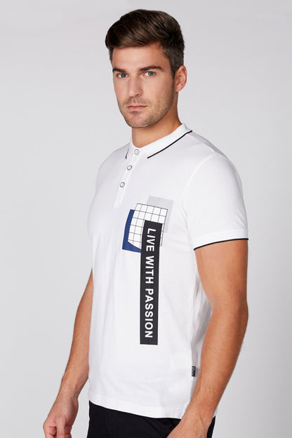 Men's white polo shirt with button placket and vertical logo patch on chest