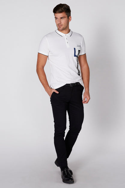 Men's white polo shirt with short sleeves and vertical chest logo, with black pants