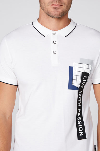 Men's white polo shirt with contrast collar, buttons, and vertical logo patch